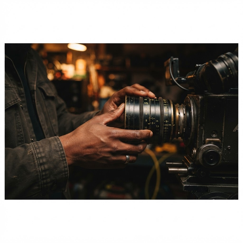 Hands adjusting a cinema lens on set